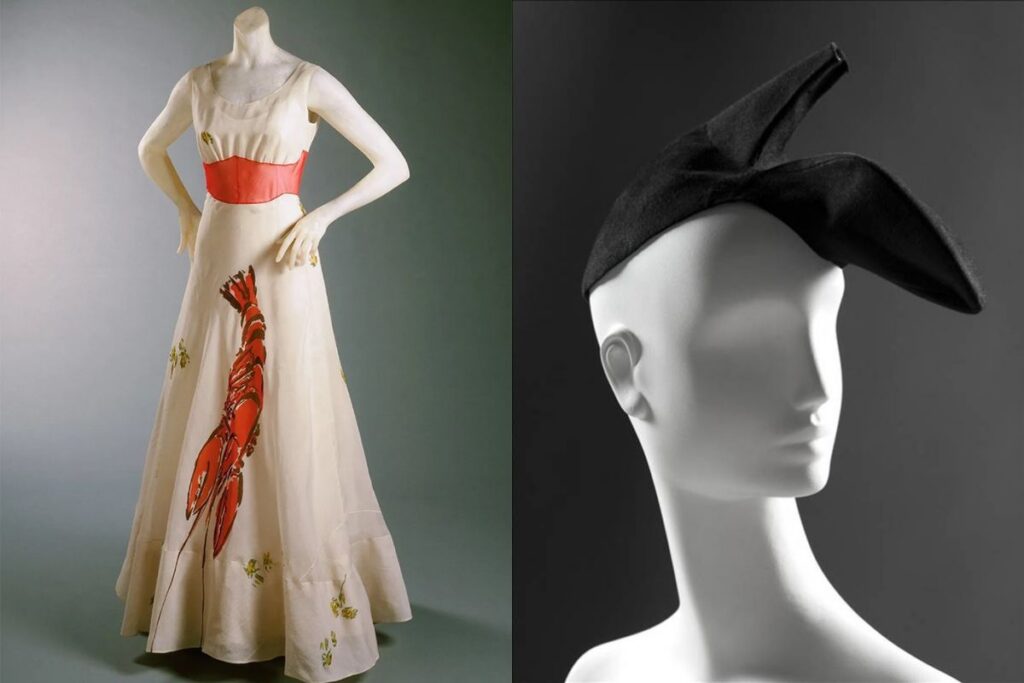“Vestido Lagosta” e o “Chapéu-Sapato, criações de Elsa Schiaparelli
